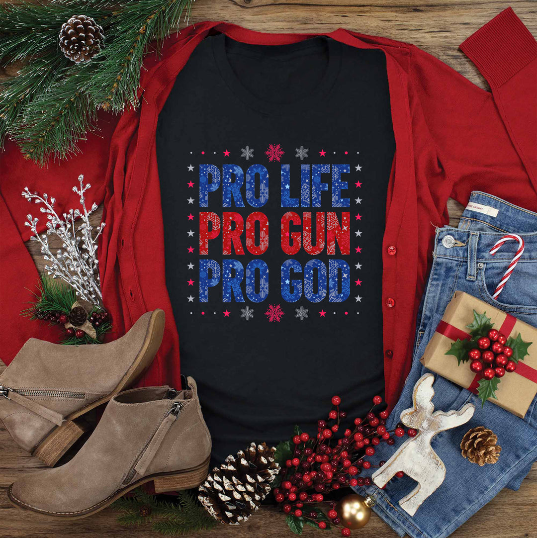 PRO LIFE, PRO GUN, PRO GOD - CHRISTMAS SNOWFLAKE - WOMANS Tee