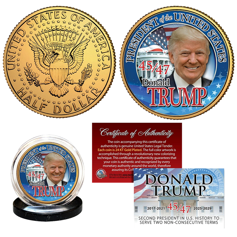 Trump 47th President - Blue Border - Gold Plated JFK Half Dollar - 3139