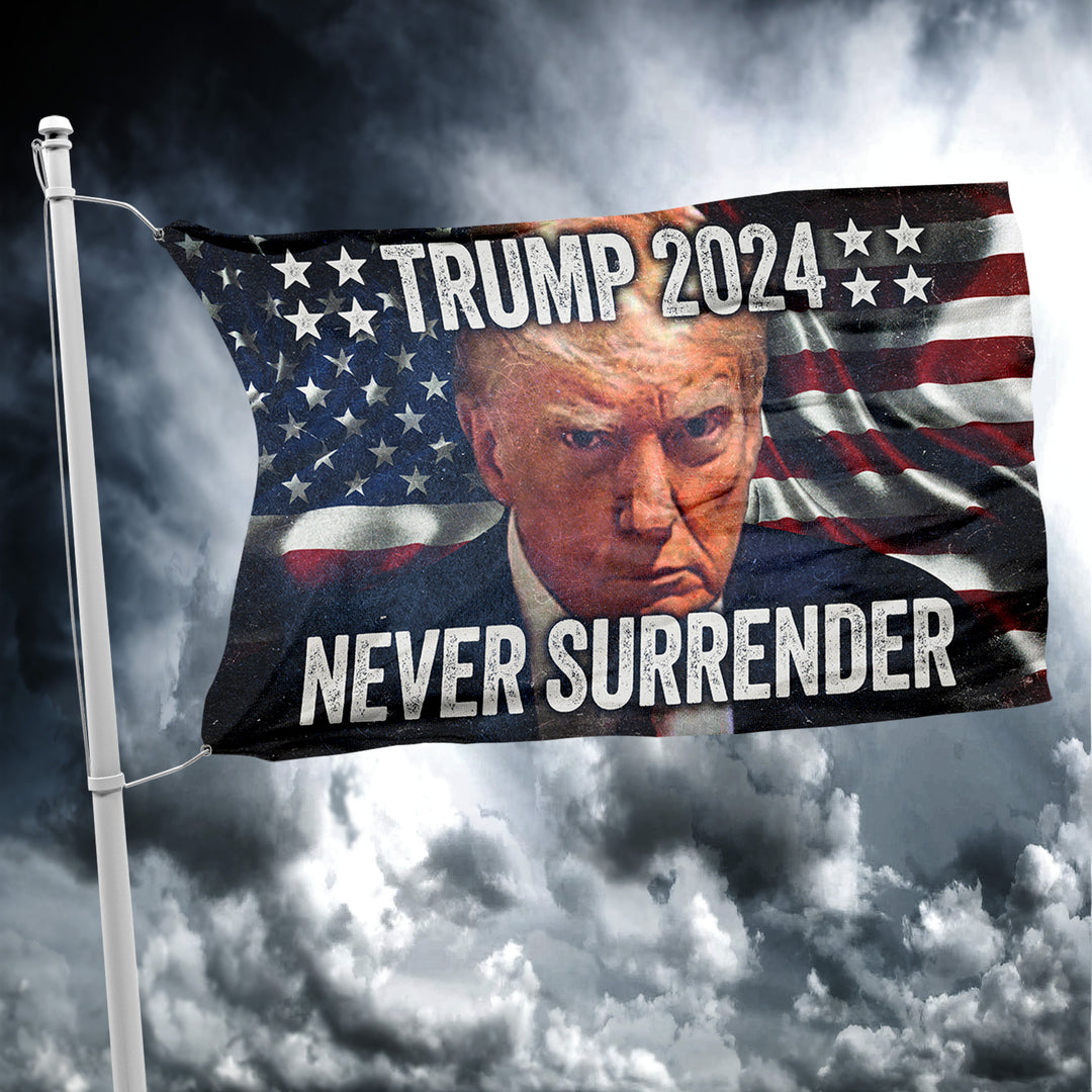 FLAG_TRUMP MUGSHOT_NEVER SURRENDER_CENTER