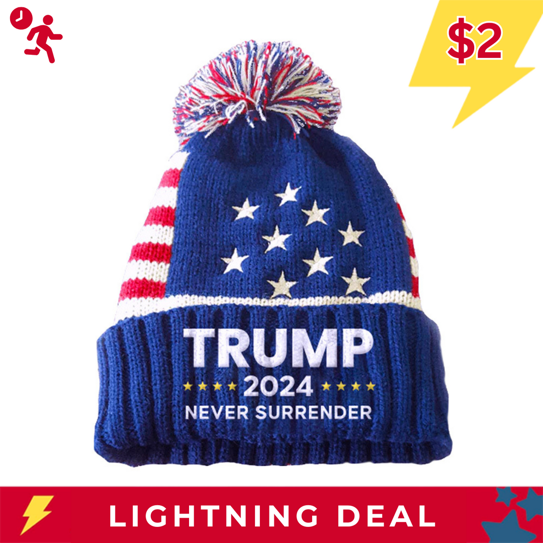 TRUMP PATRIOTIC POM POM BEANIE - NEVER SURRENDER