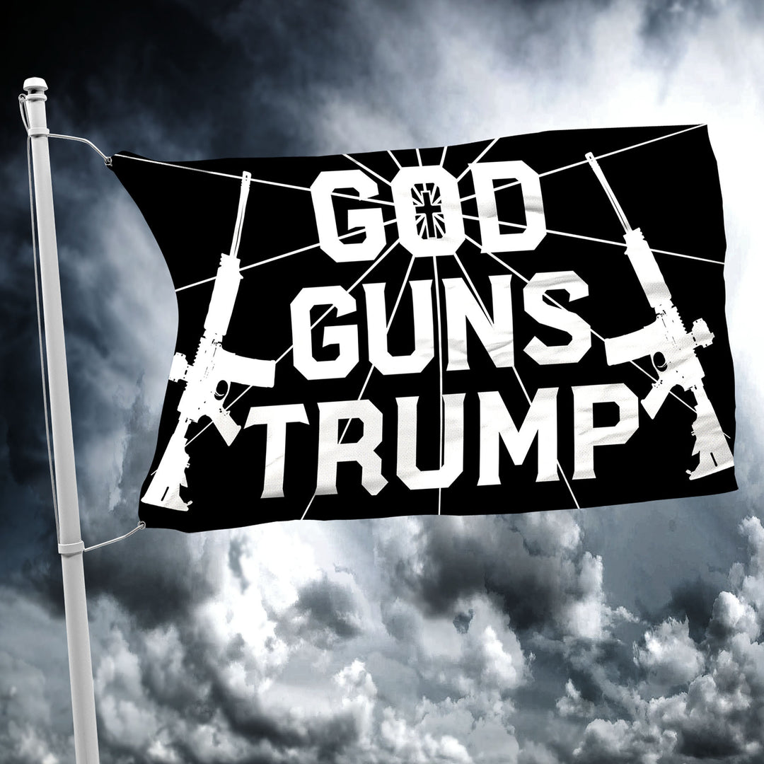GOD GUNS TRUMP GOD RAYS BLACK AND WHITE FLAG