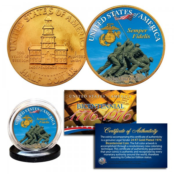 Iwo Jima US Marines 24k Gold Plated 1976 Bicentennial JFK Half Dollar